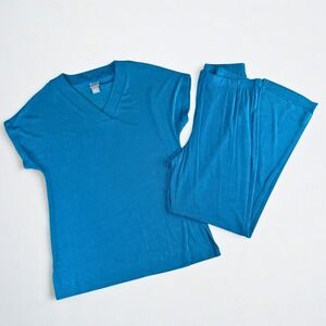Chico's Travelers Set Womens 1 8/10 Teal V-Neck Top No Tummy Pants 2pc Set